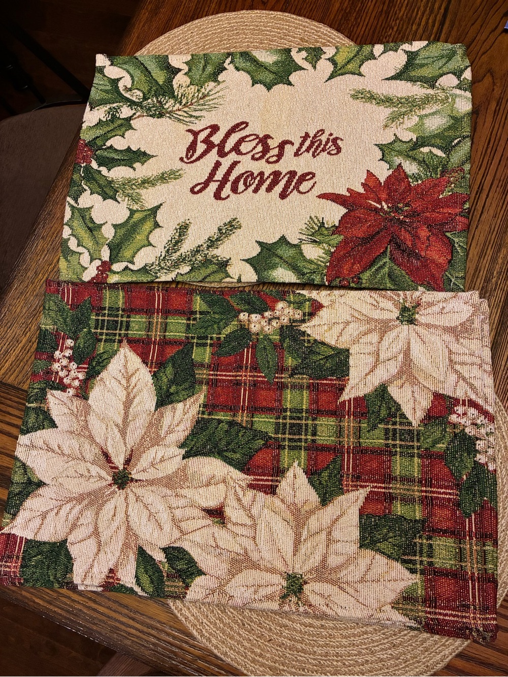 Holiday Poinsettia Placemat Set - Bless This Home - Red, Green, Cream Set of 6